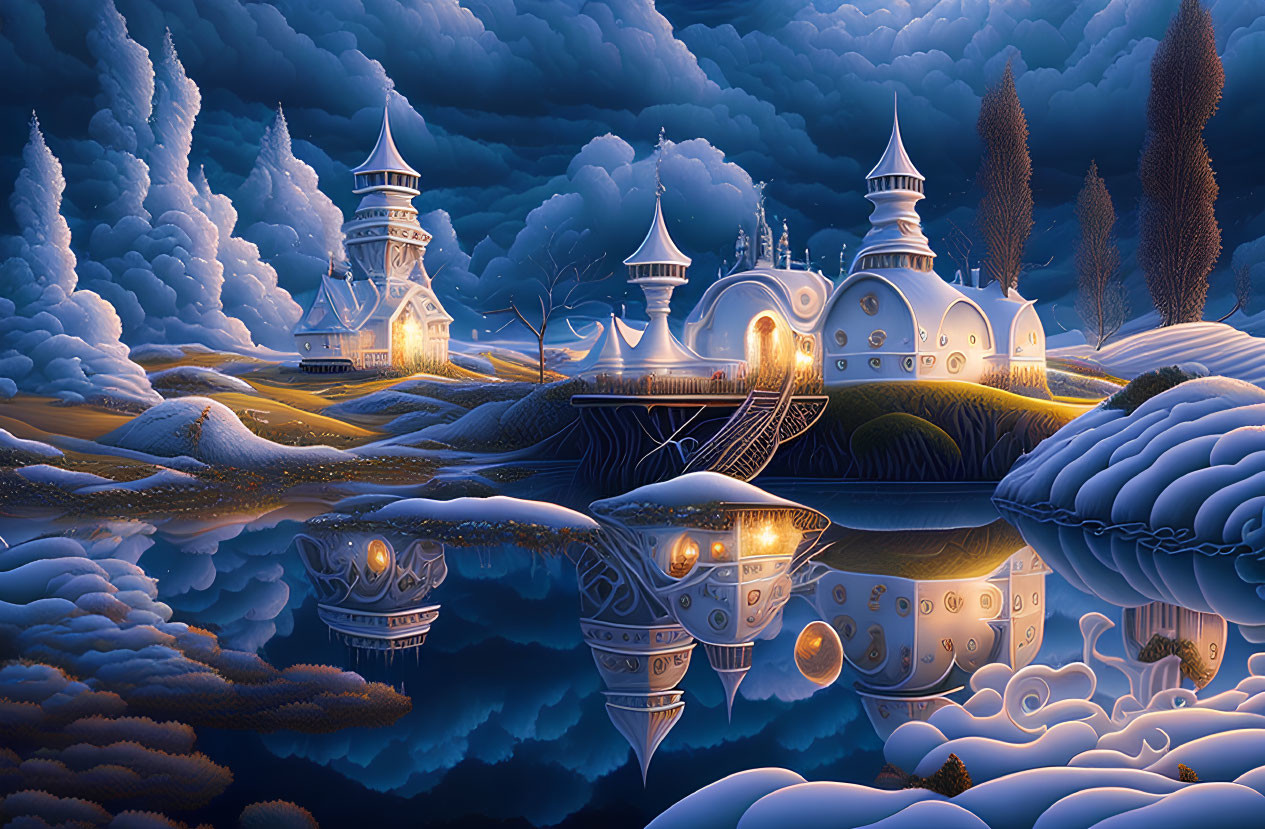 Fantasy castle with spires, reflecting on serene lake under night sky.