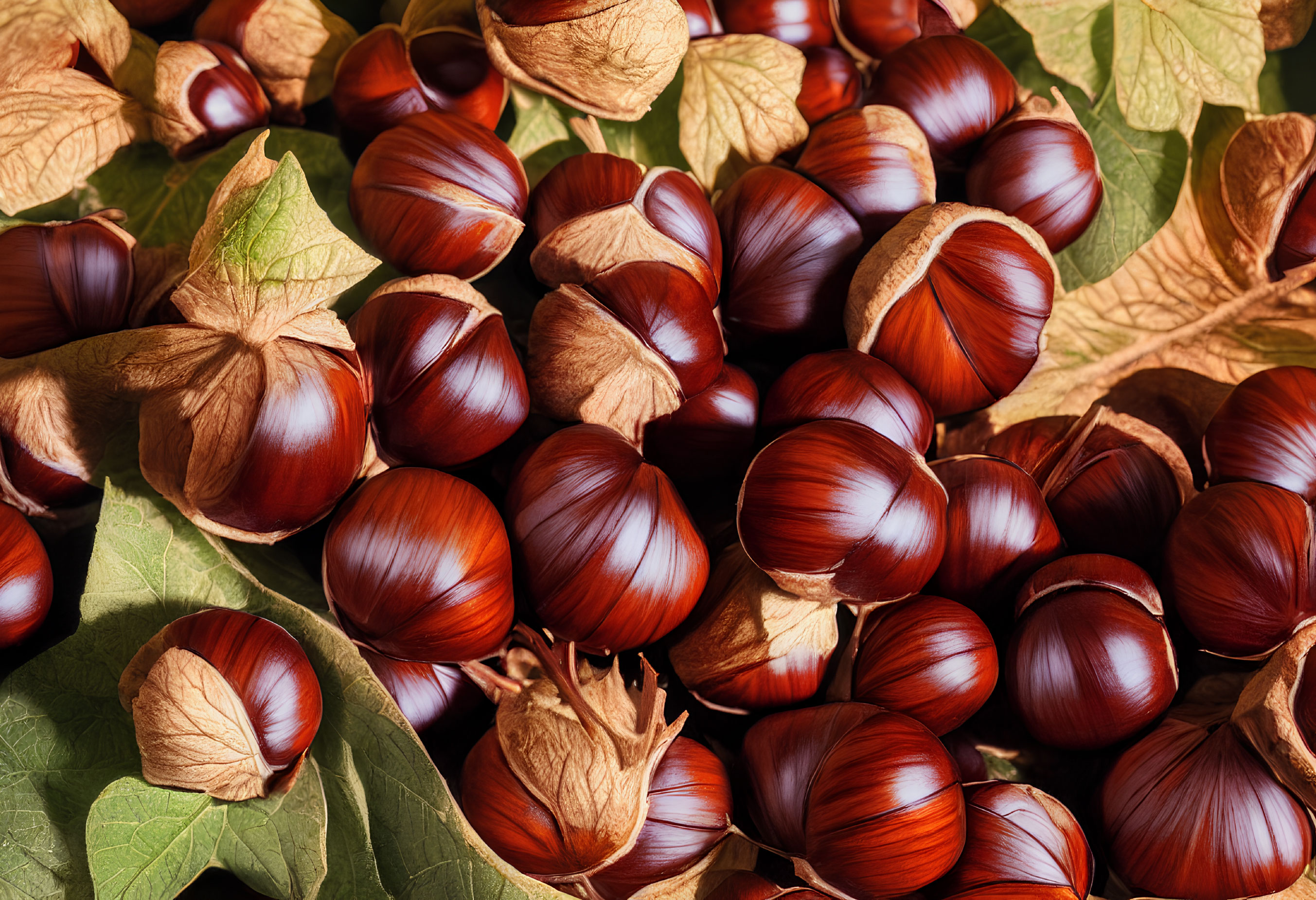 Brown Chestnuts with Golden Husks on Green Leaves: Autumn Harvest Texture