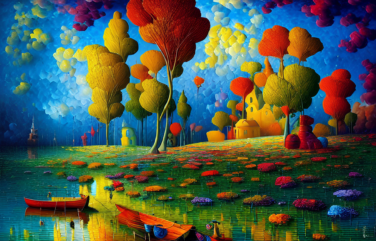 Colorful surreal landscape with multicolored trees, lily pads, red boat, and whimsical