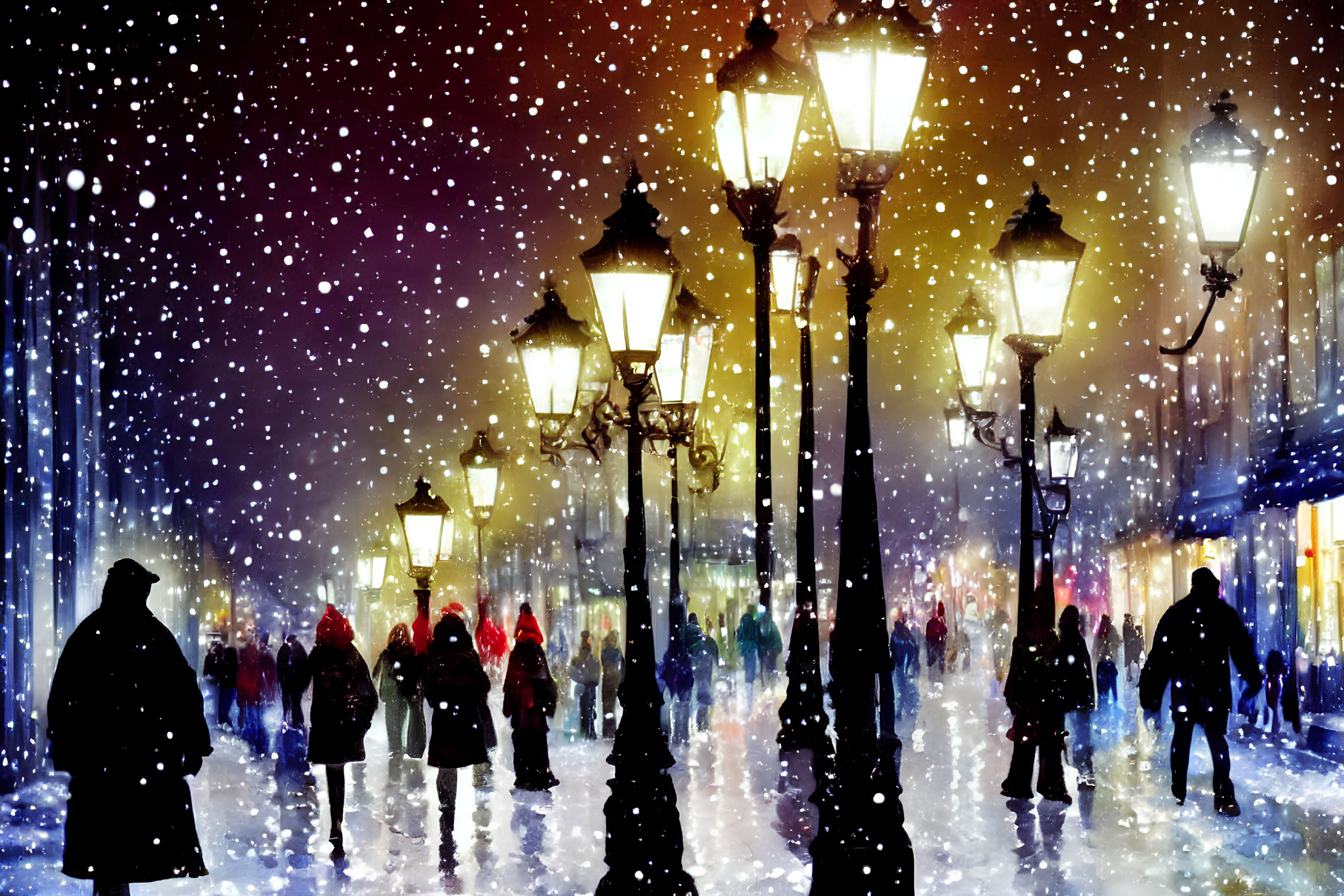 Snowy Night Street Scene: People Walking Under Street Lamps