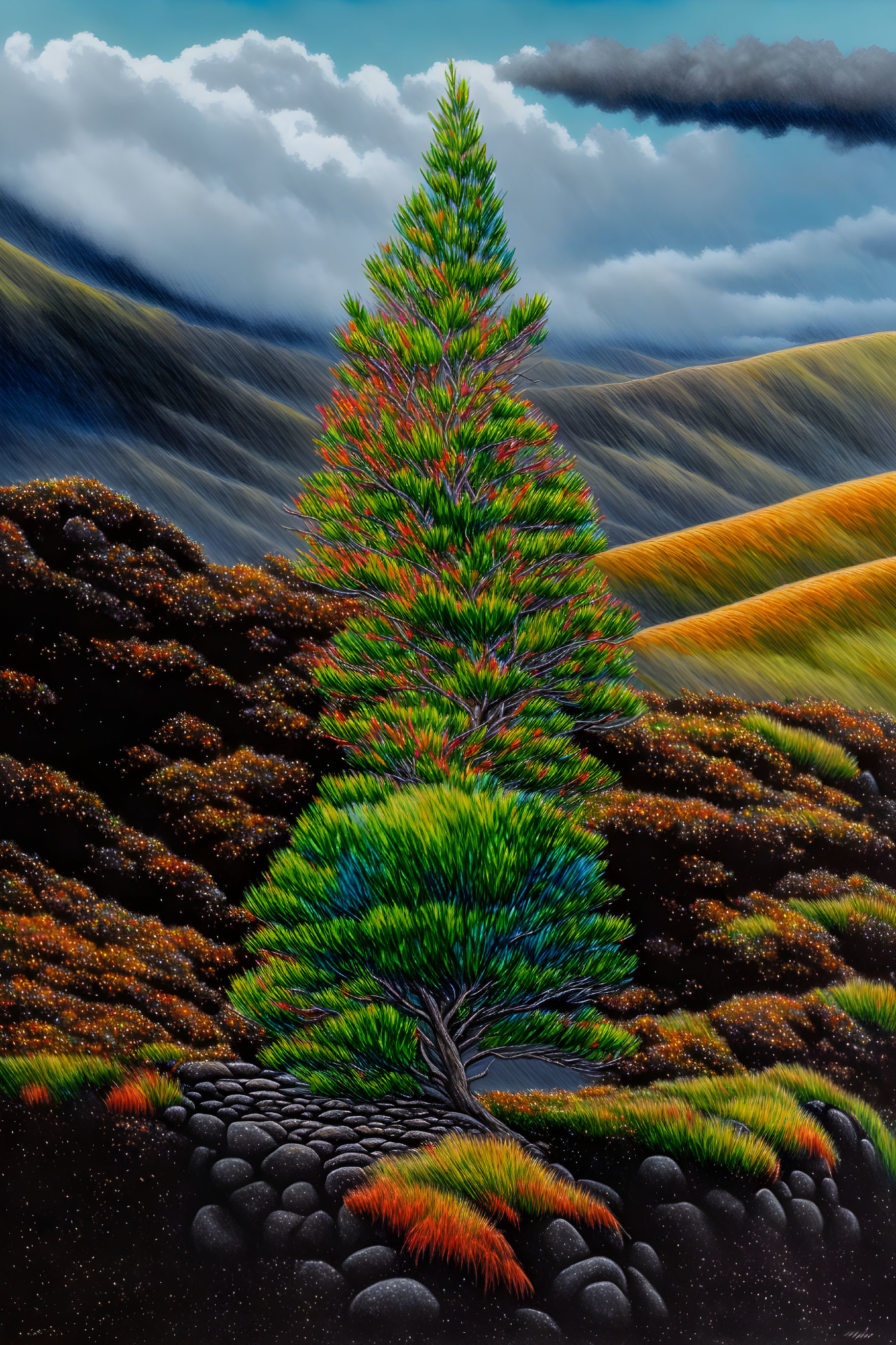 Colorful tree amidst rolling hills under dramatic sky with sunlight streams