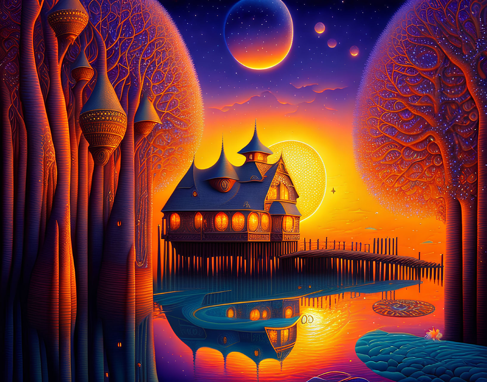 Vibrant twilight digital artwork of fairytale house on stilts in starry sky