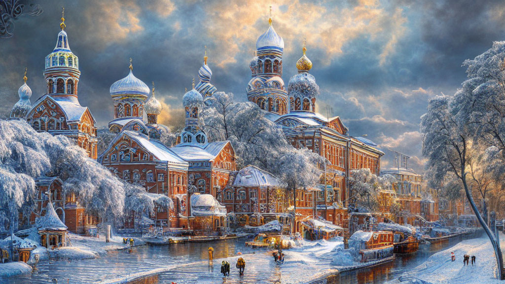 Snowy landscape with ornate cathedral and golden domes, people walking, snow-covered trees, dramatic