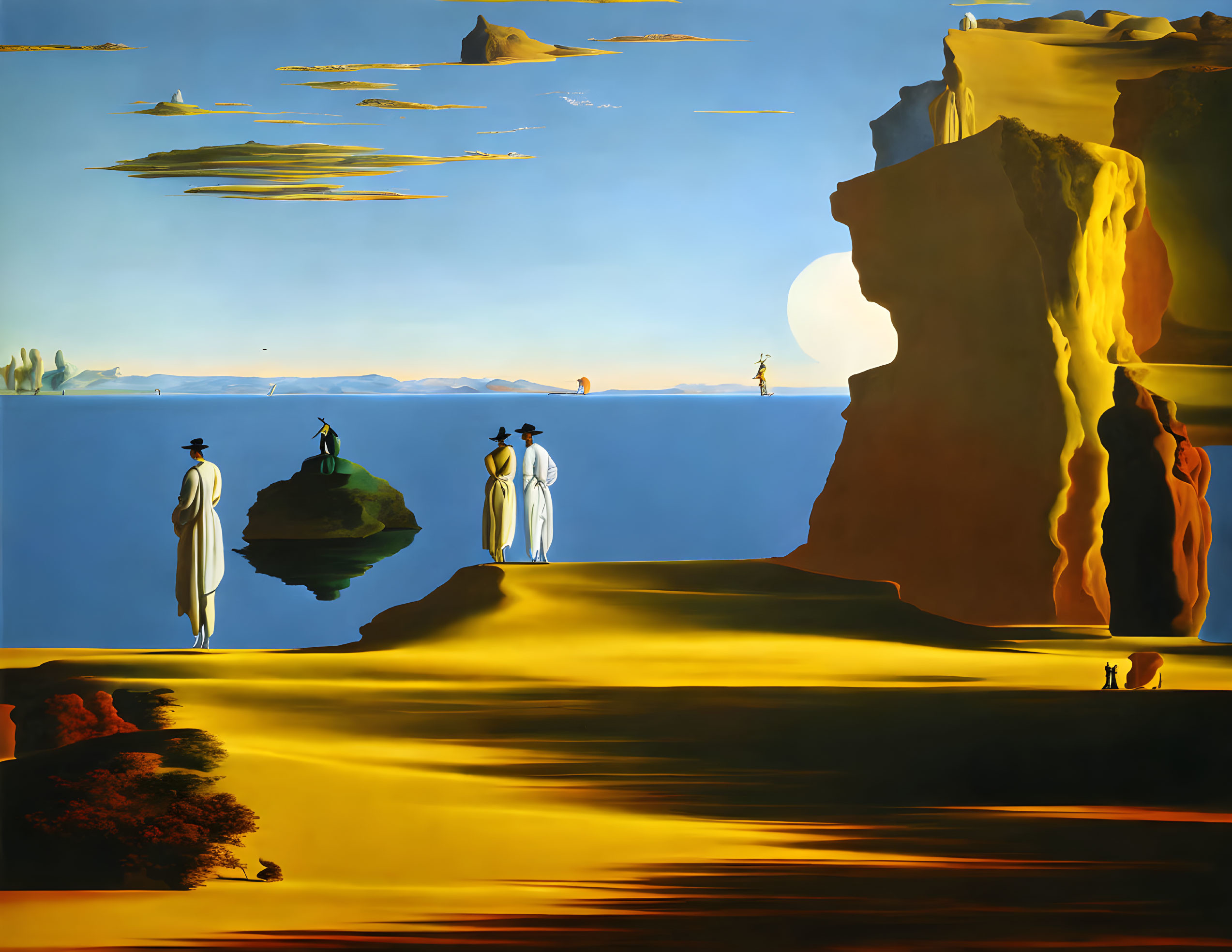 Surrealist painting: elongated shadows, robed figures, disjointed rock formations, golden sky