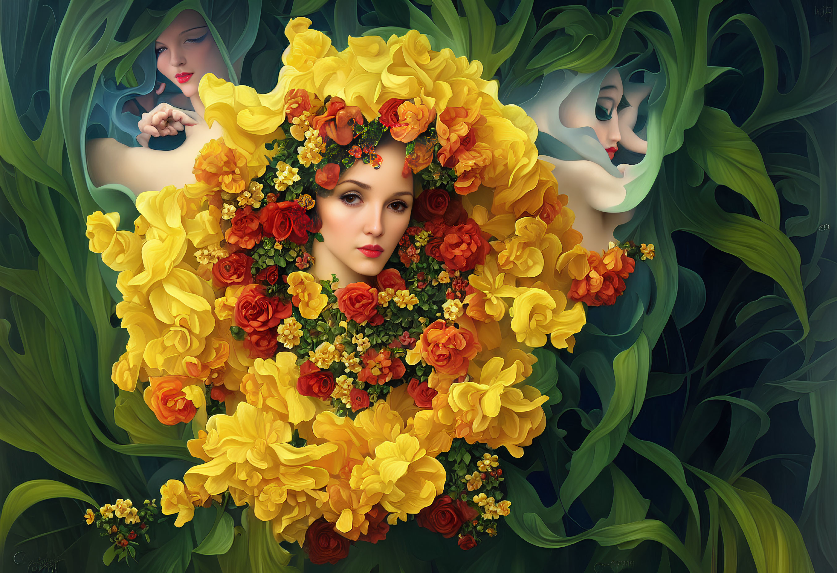Vibrant portrait of a woman with yellow and orange flowers and hidden faces