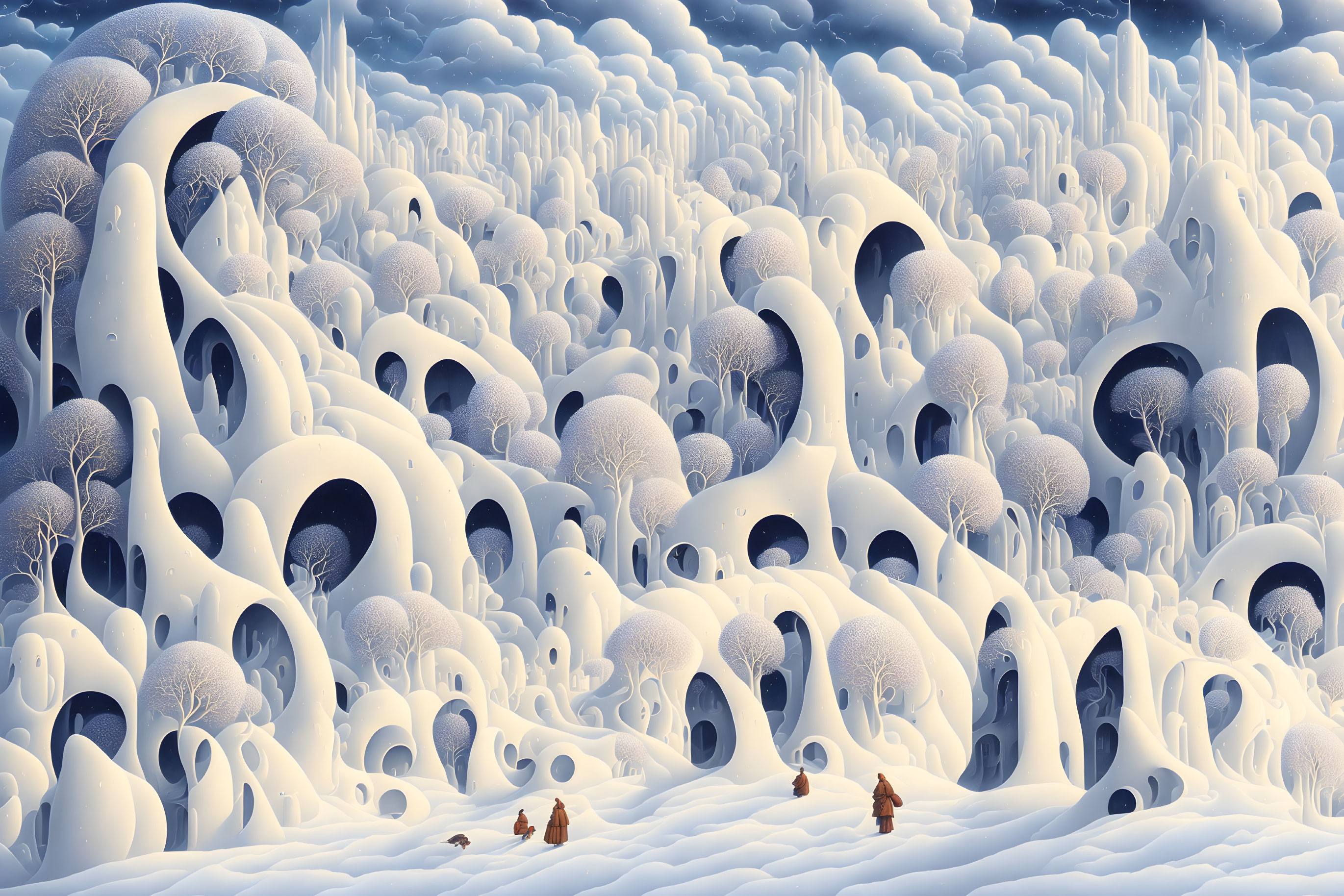Small people in a huge surreal white landscape