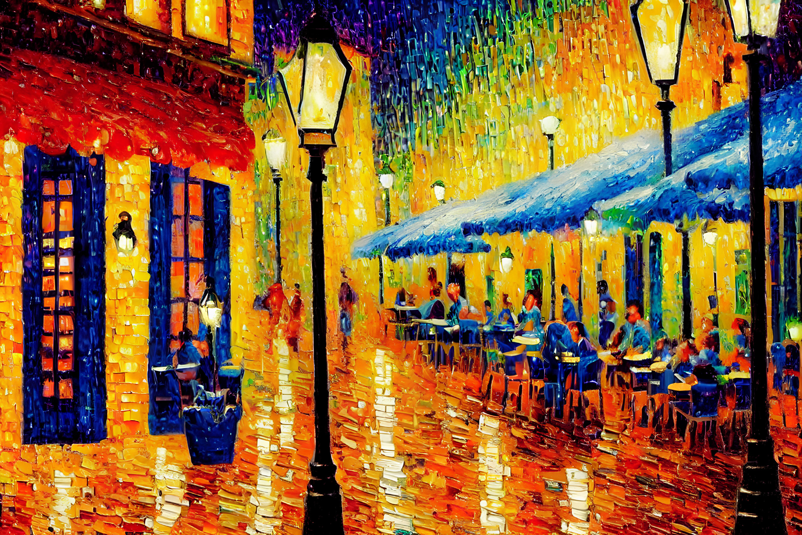 Impressionistic painting of a vibrant night street scene