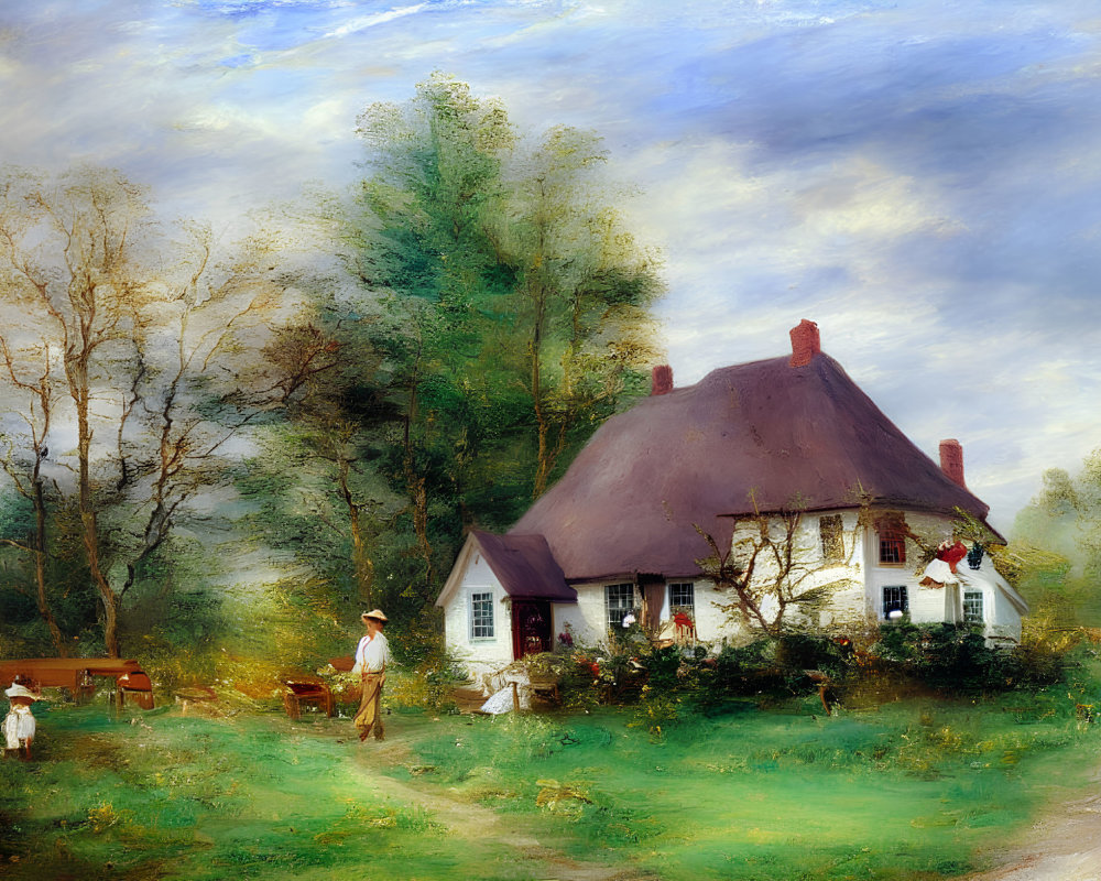 Rural landscape with thatched cottage, trees, and people in activities