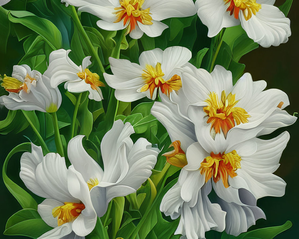 Vibrant white and yellow flowers with lush green leaves on dark background