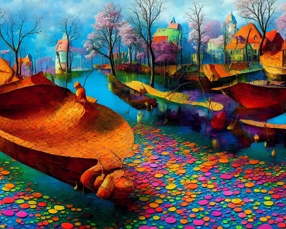 Colorful painting of fantastical river landscape with boats and whimsical houses