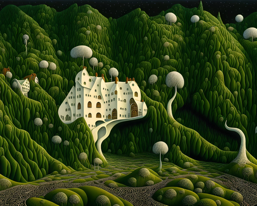 Whimsical landscape with jellybean hills, mushroom trees, and quaint houses