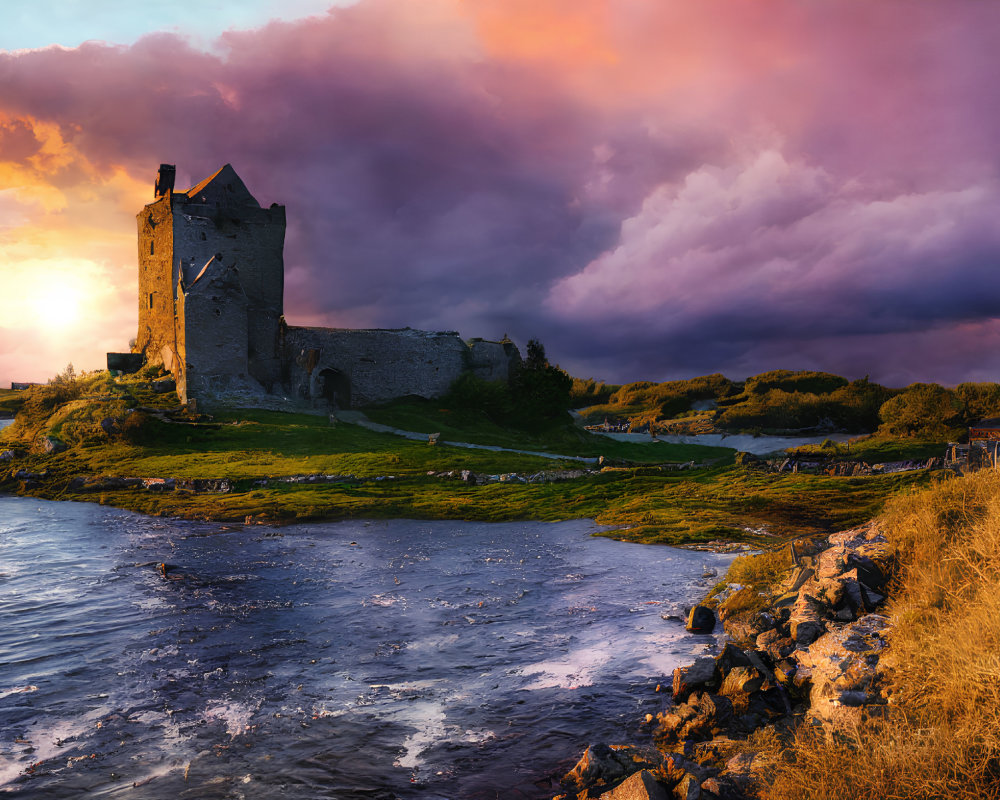 Medieval castle ruin on coastal headland at sunset with vivid clouds and rough waters