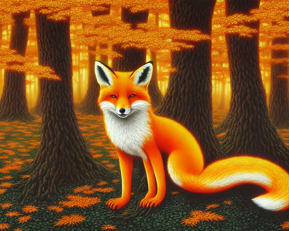 Digital Art: Fox in Autumn Forest with Orange Foliage