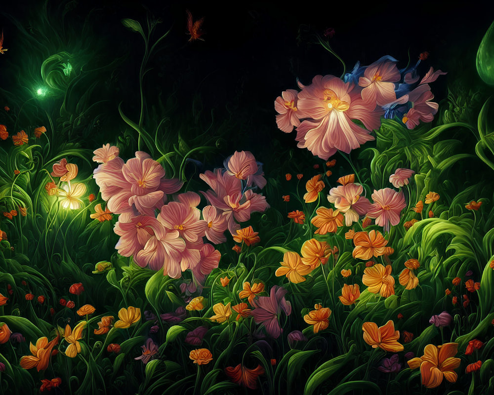 Colorful digital illustration: Lush mystical garden with glowing pink and orange flowers.