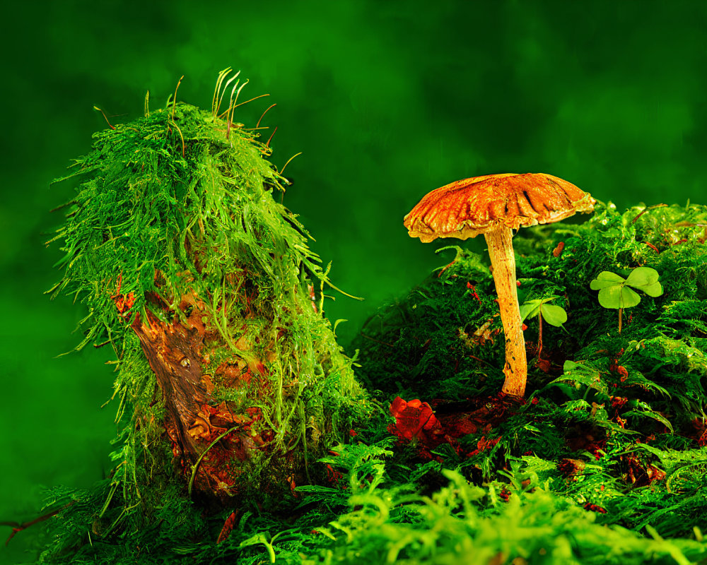 Colorful mushroom in lush green moss with rich foliage backdrop and clover-like plant