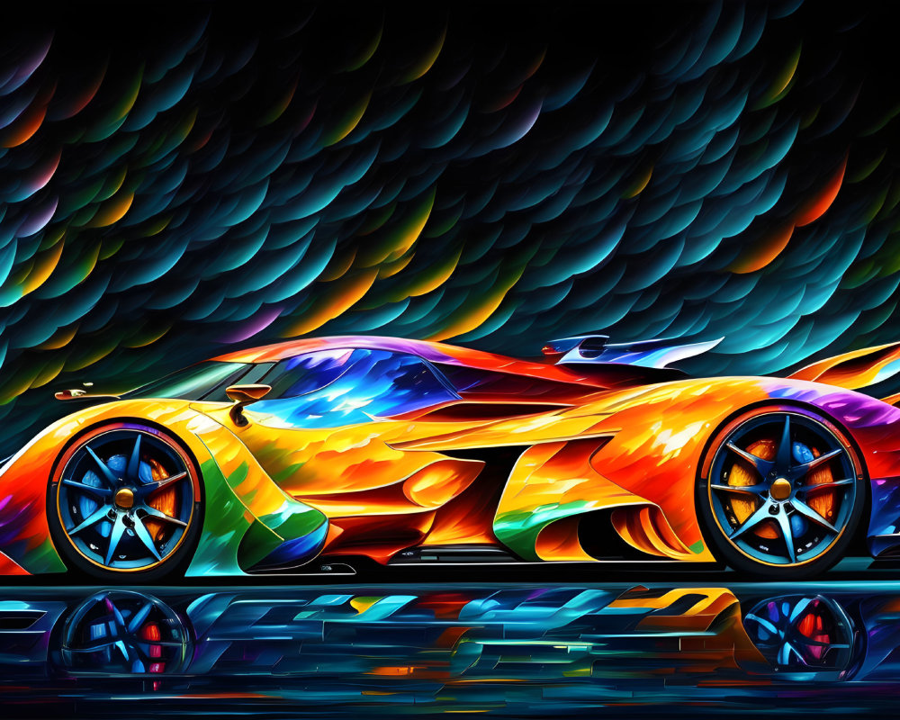 Colorful digital artwork: sleek sports car with fiery colors on abstract backdrop