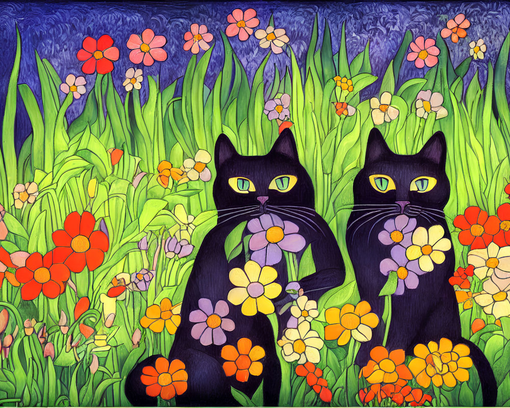 Two black cats in colorful flower field under textured blue sky