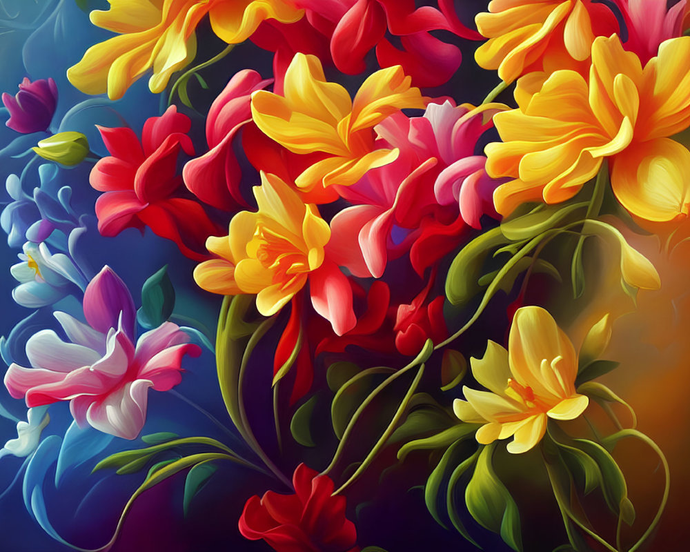 Colorful digital painting of assorted flowers on soft multicolored backdrop