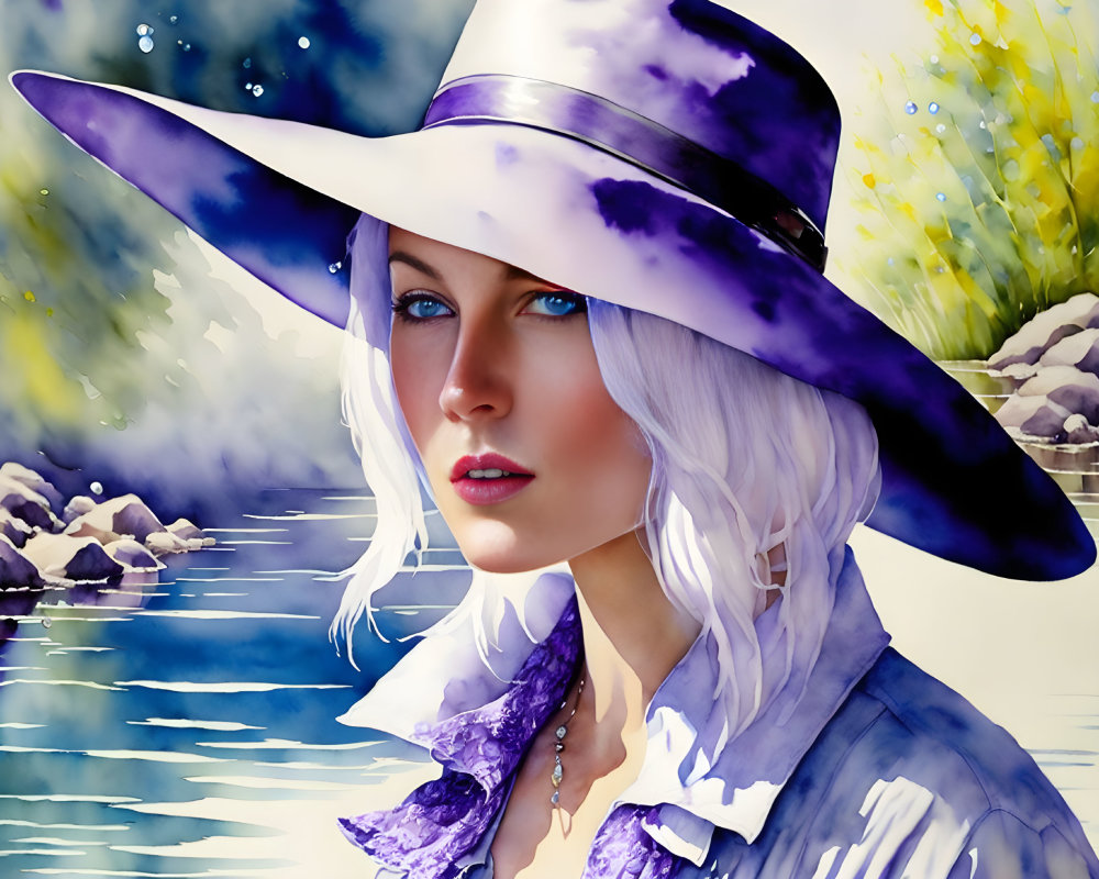 Digital artwork: Woman with blue eyes in wide-brimmed hat against watercolor nature backdrop