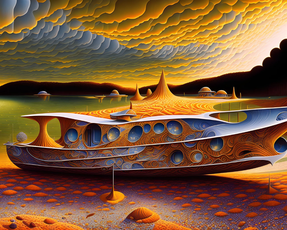Surreal landscape with organic-shaped structure, orange terrain, shells, reflective water, layered clouds.