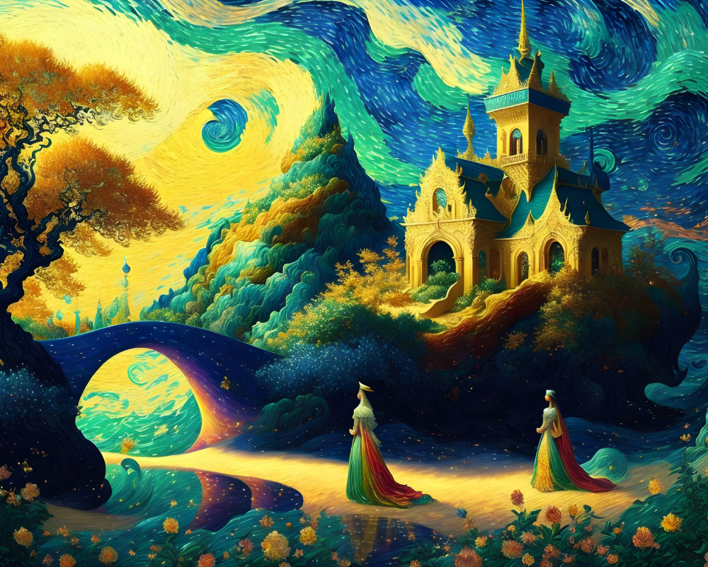Colorful digital painting of figures in dresses by whimsical castle