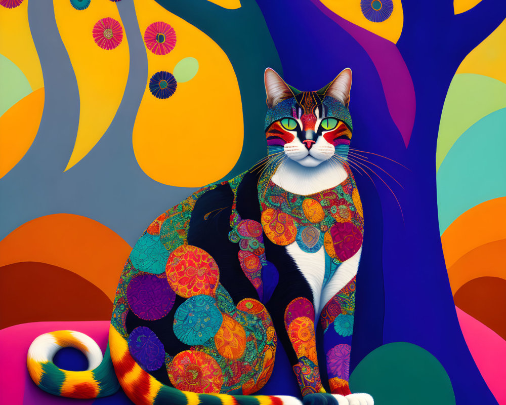 Colorful patterned cat in vibrant abstract landscape with whimsical tree