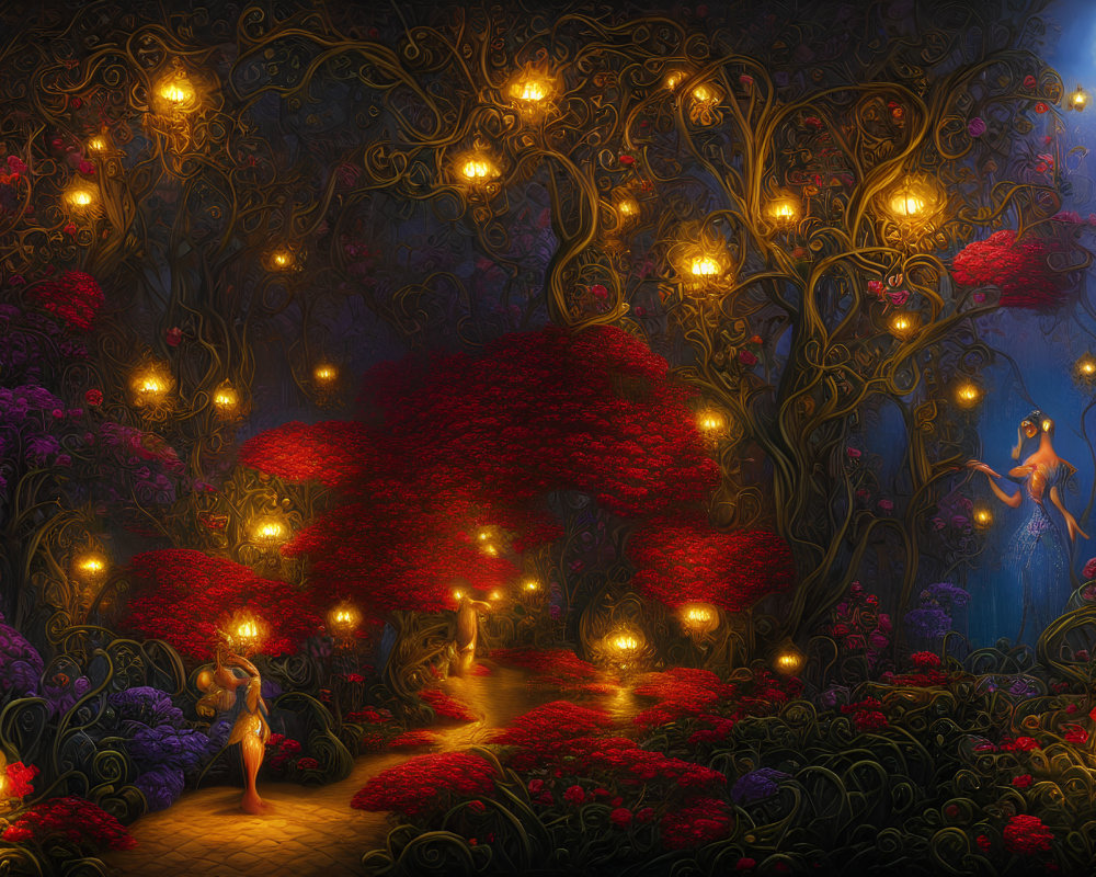 Fantastical forest with glowing lights and metallic trees