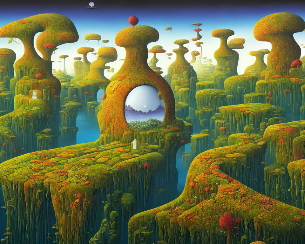 Fantastical landscape with mushroom-like trees and winding path