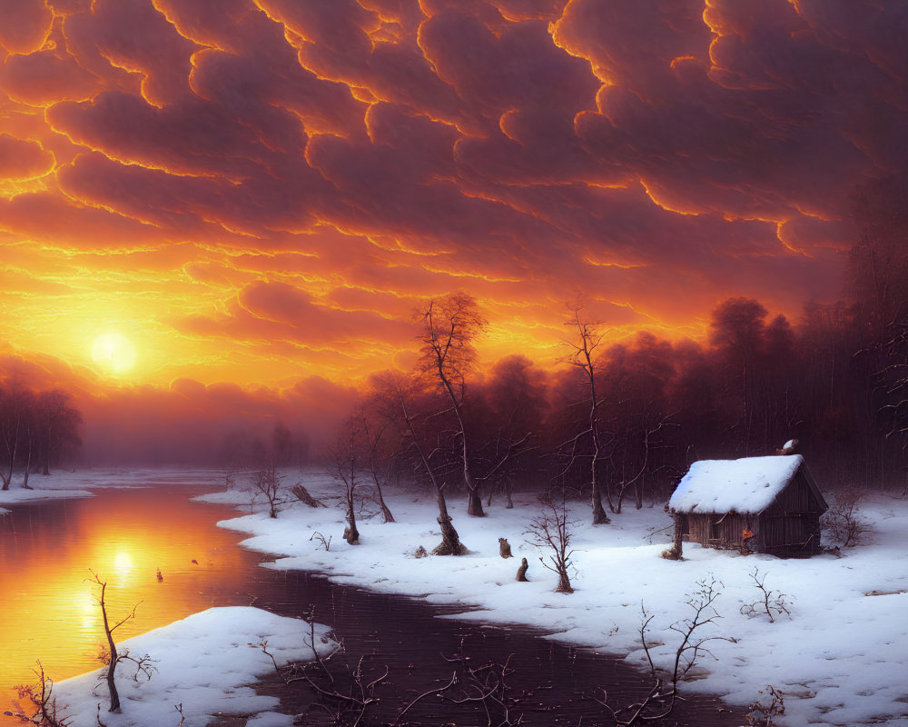 Snowy Sunset Scene: Thatched Cottage by River in Orange Cloudy Sky
