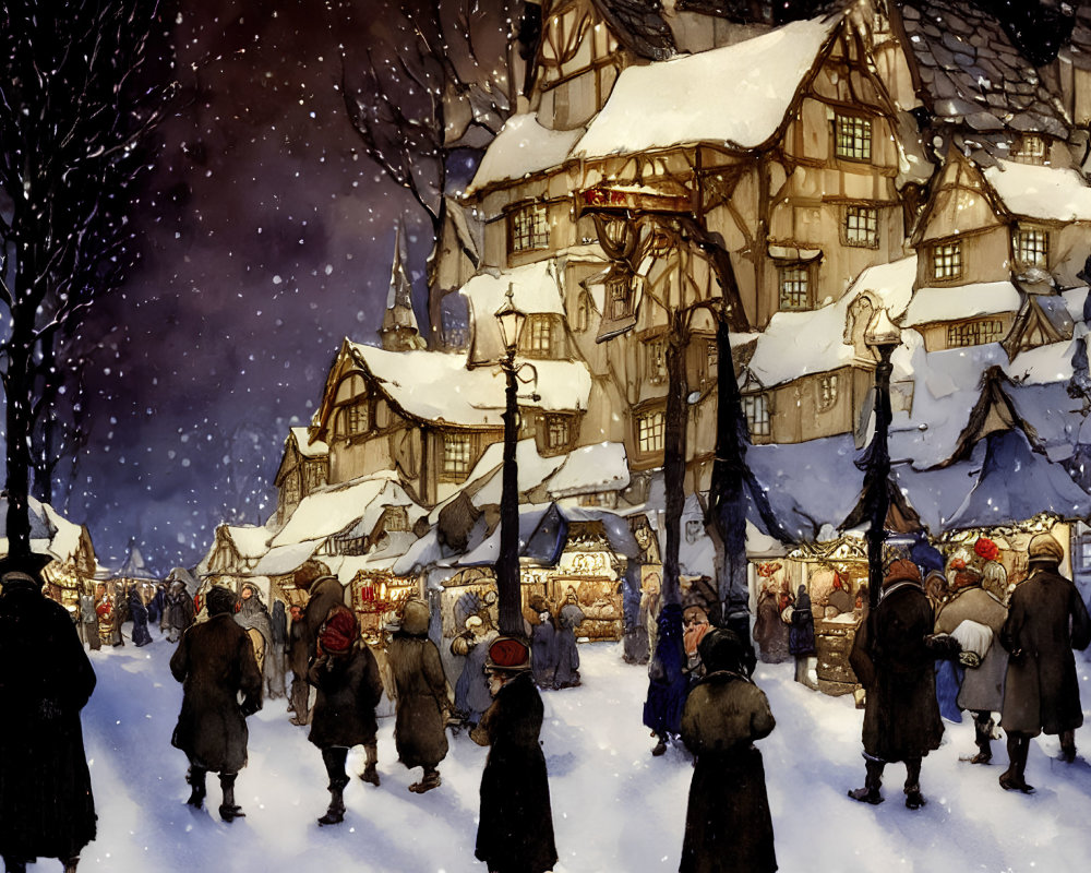 Snow-covered market scene at dusk with townsfolk in period attire browsing stalls