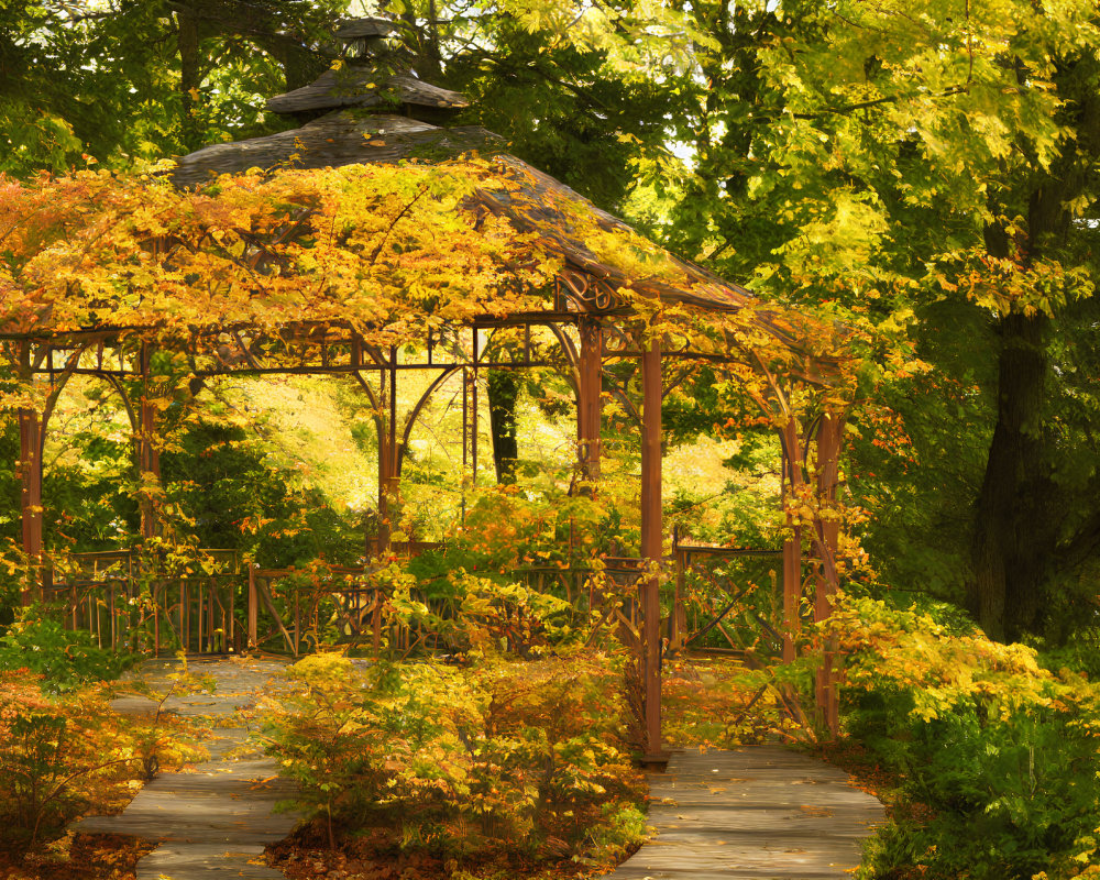 Wooden Gazebo Surrounded by Autumn Foliage and Pathway