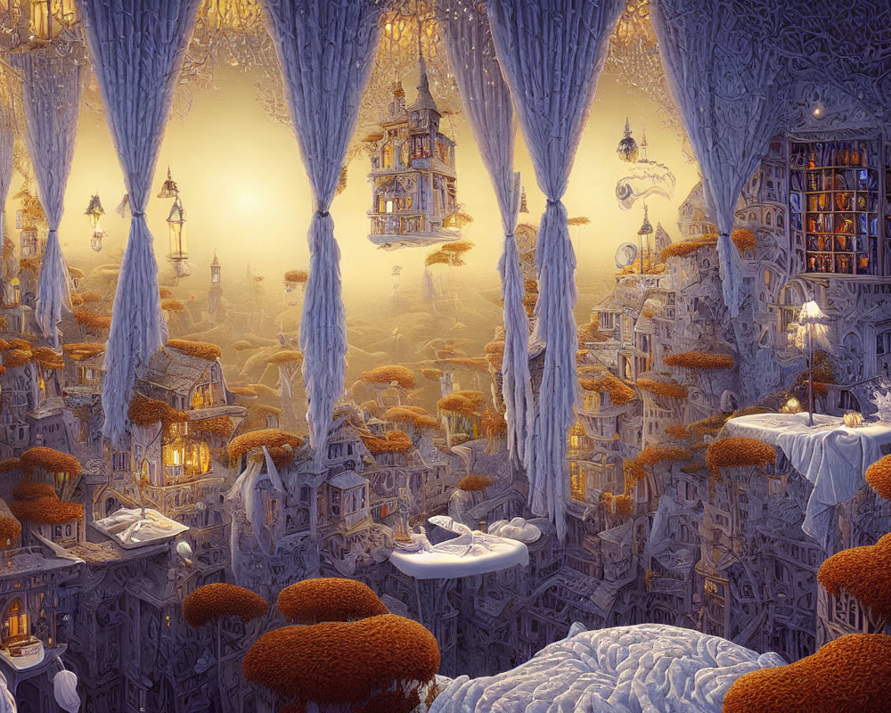 Fantasy landscape with mushroom-like trees, floating islands, detailed architecture, glowing lights, and intricate patterns