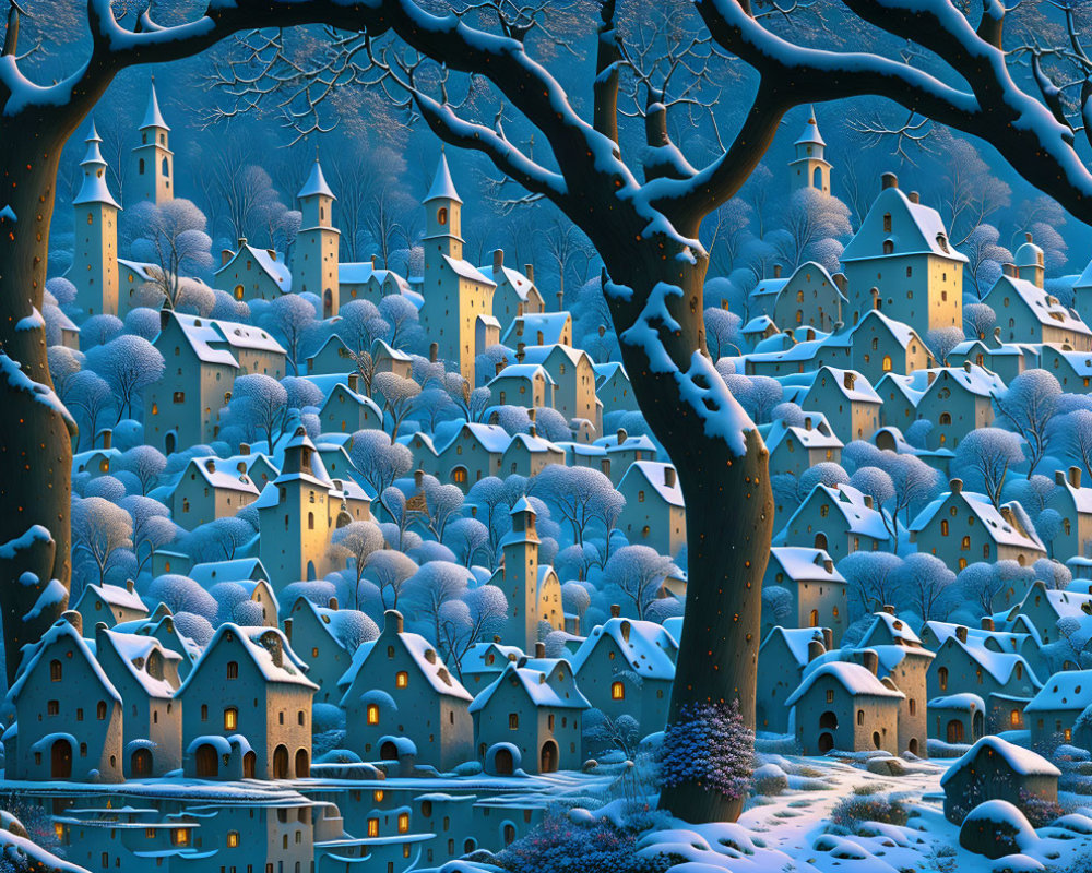 Snow-covered winter village nestled among forest trees at dusk