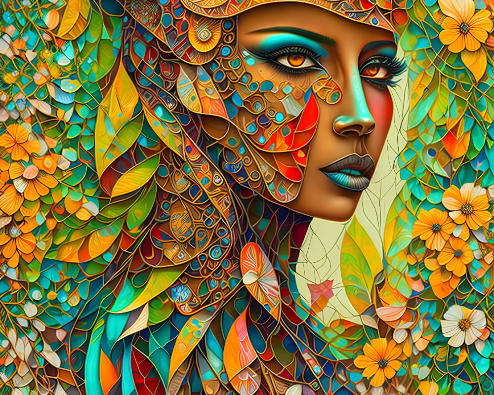 Colorful Woman Illustration with Floral and Geometric Patterns in Autumn Theme