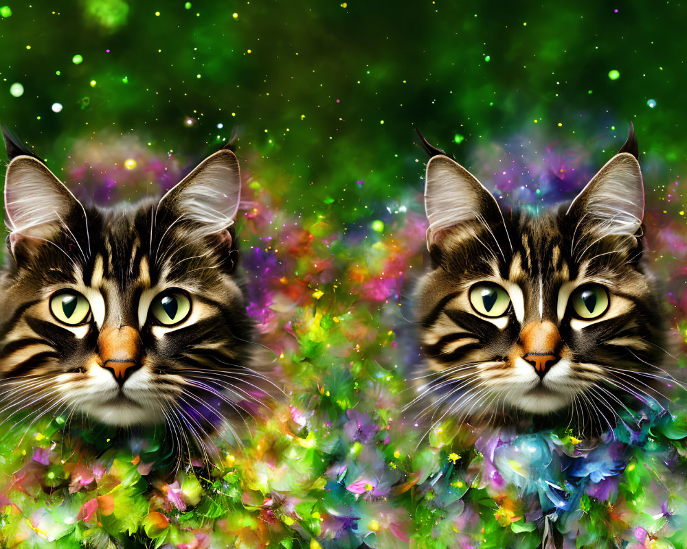 Identical tabby cats in colorful floral background with green overlay