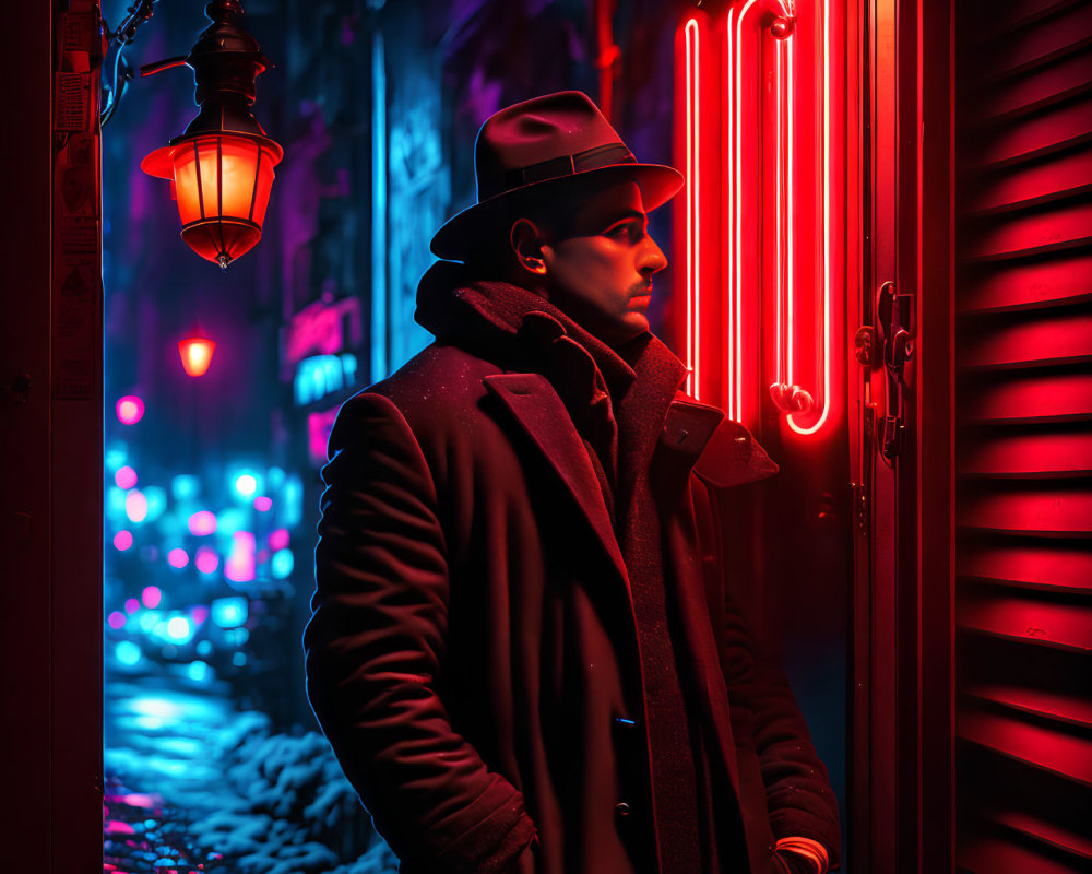 Man in coat and hat by neon lights in snowy night street.