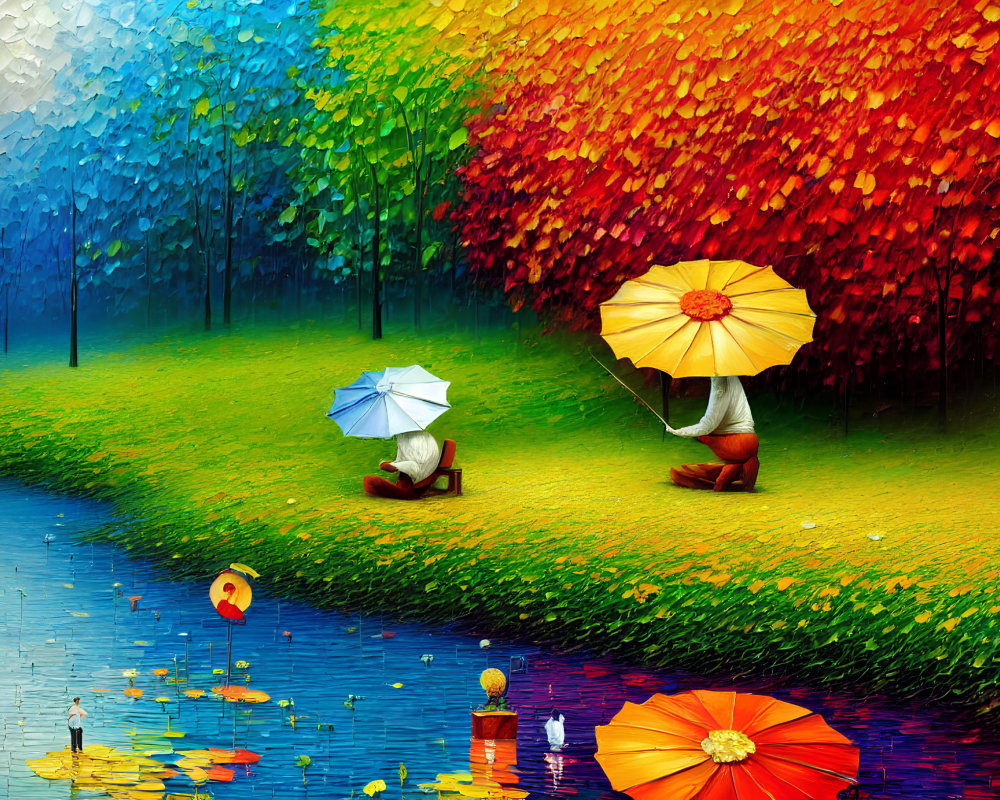 Colorful Umbrellas Painting by River in Blue to Red Landscape