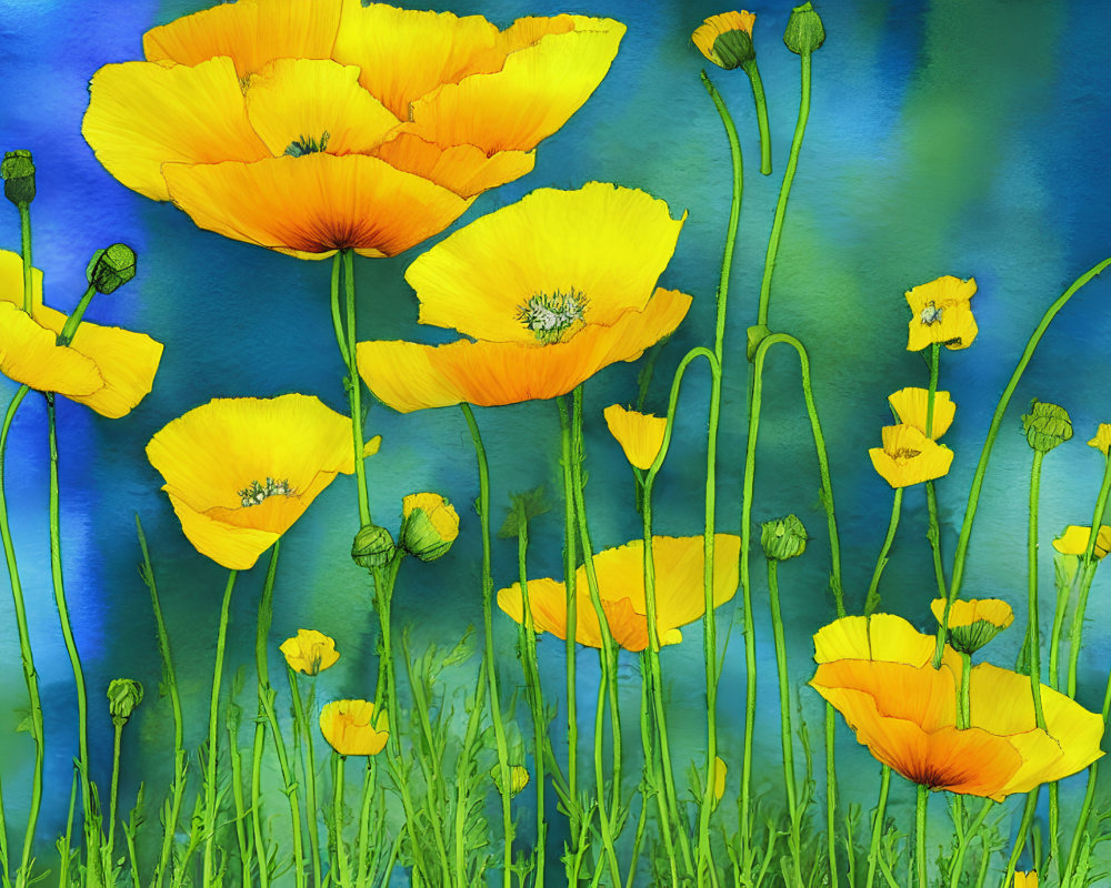 Golden poppies on textured blue and green background.