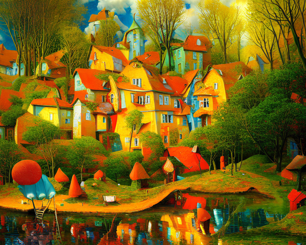 Colorful Surreal Village Painting with Anthropomorphic Trees