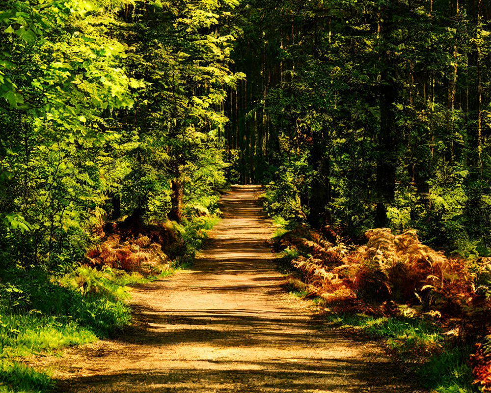 Scenic dirt path in sunlit forest with green trees and brown ferns