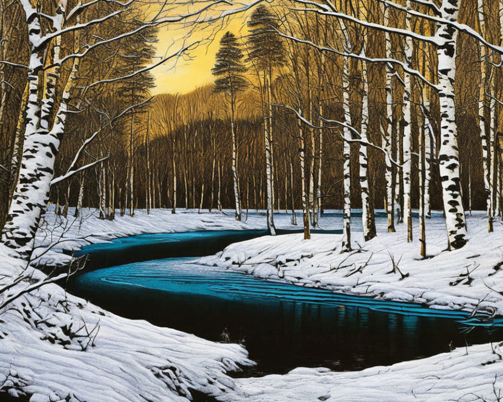 Tranquil winter scene: Birch trees, snowy riverbank, warm sunset