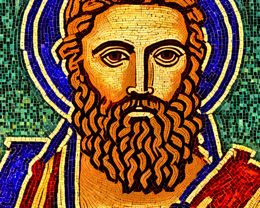 Colorful mosaic of a haloed bearded figure in traditional religious art style