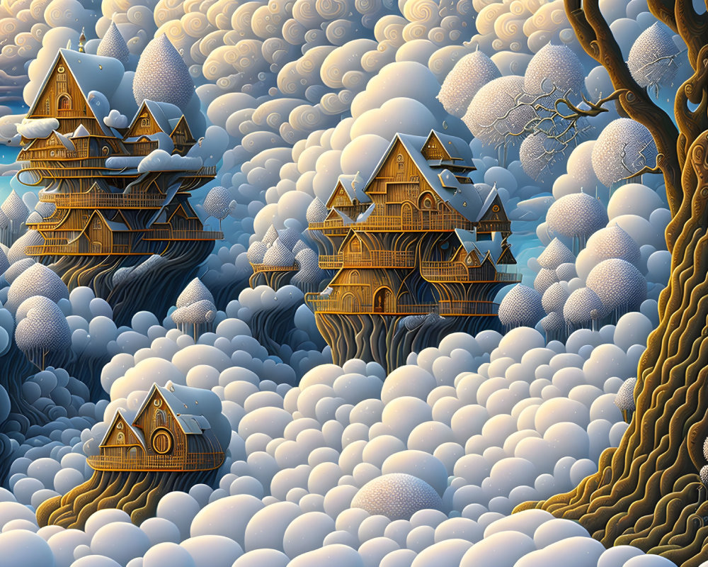 Whimsical houses on clouds with surreal tree and wave-like sky