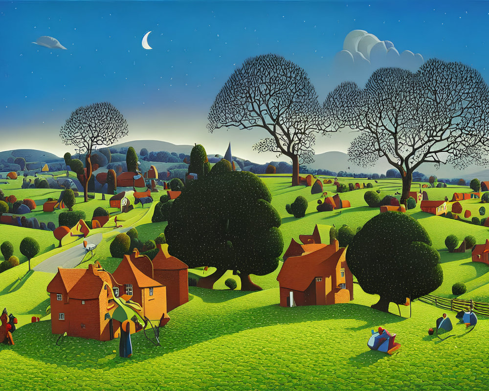 Colorful painting of a whimsical landscape with stylized houses, hills, trees, and people under