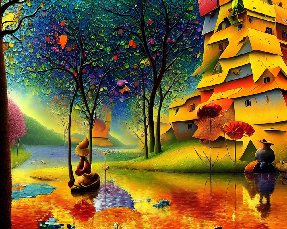 Colorful whimsical landscape with yellow building, trees, river, and figure in boat