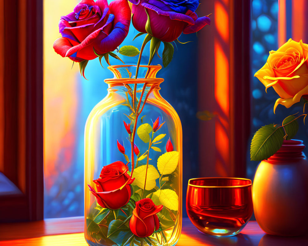Colorful glass vase with red and blue roses, candle, and sunlight by a window