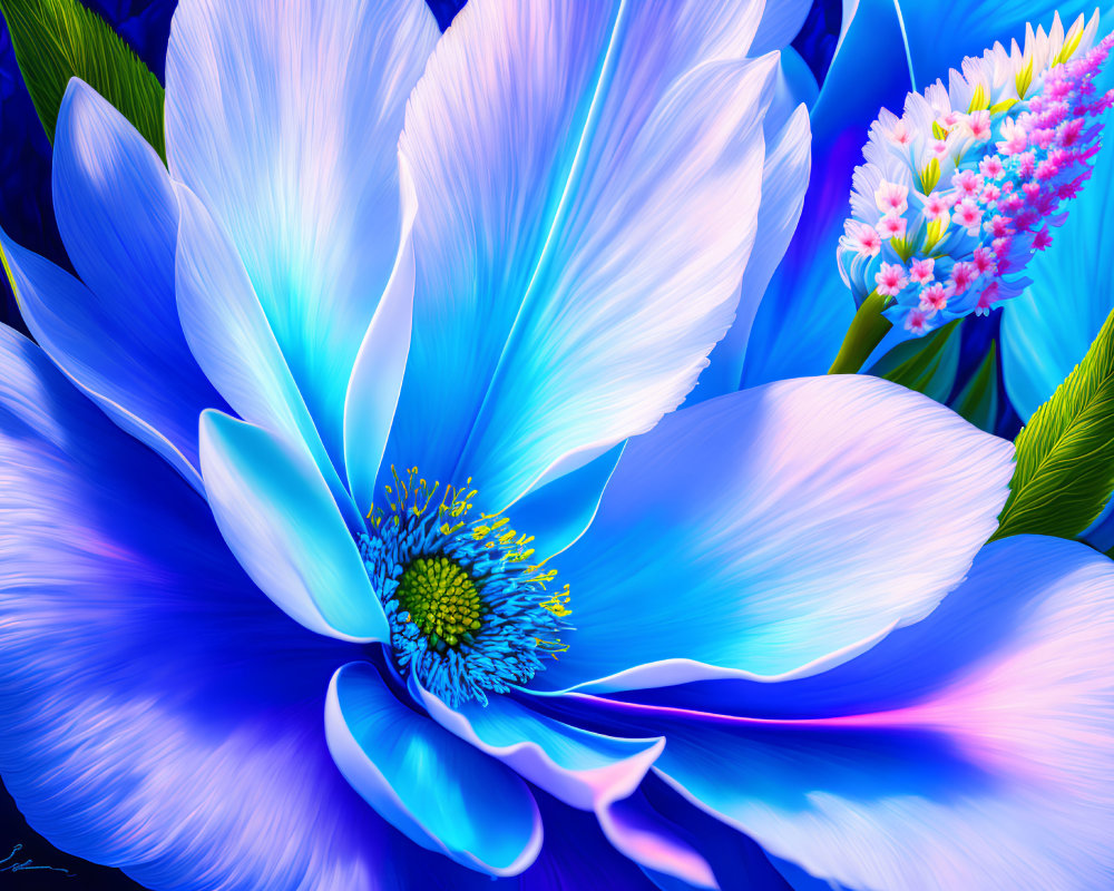 Colorful digital artwork featuring large blue flower with intricate yellow-green center and pink blooms in background