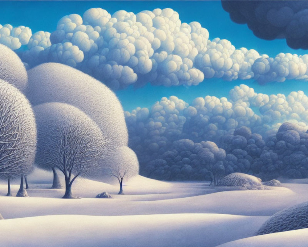 Snow-covered whimsical winter landscape with rounded trees and fluffy cloud formations