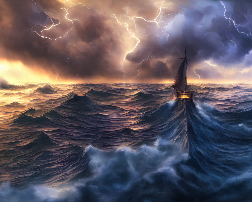 Stormy seas with lightning strikes: A ship navigating turbulent waters