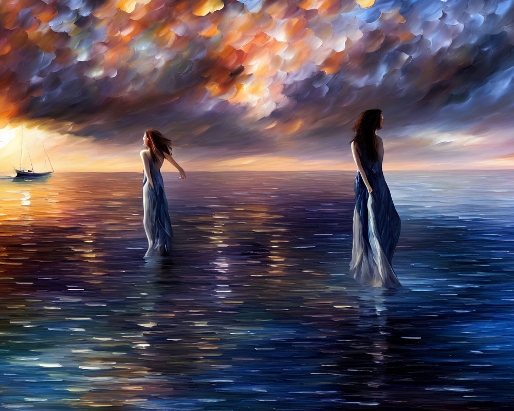 Ethereal women in long dresses at sunset on water